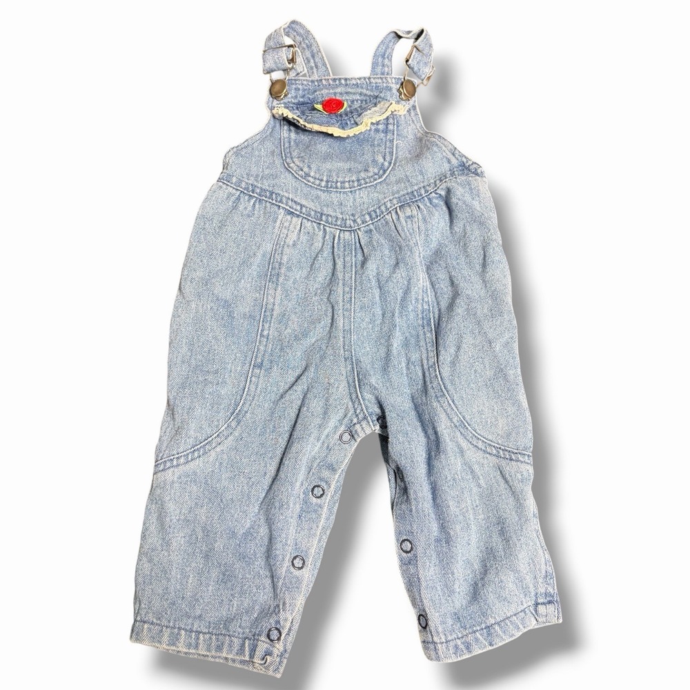 Vintage Girls Hopscotch Rose Appliqué Lace Bubble Denim Overalls Size 12 Months
